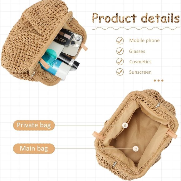 Straw Clutch Purse for Women Cloud Dumpling Pouch Straw Crossbody Shoulder Handb - Picture 4 of 6